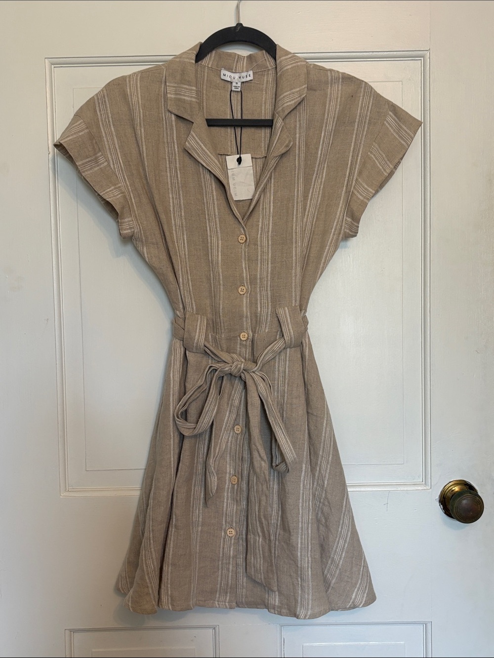 Tan Striped linen Button-Front Shirt Dress with Tie Waist